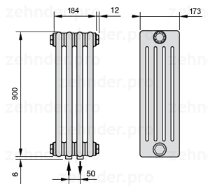 Схема (чертеж) Радиатор Zehnder Charleston 5090/4 №3470 Белый глянцевый RAL 9016
